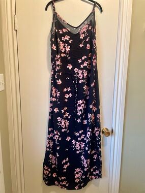 Floral Slip Maxi Dress - Black with Pink Flowers
